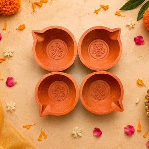 May include: Four terracotta oil lamps with a floral design are arranged on a beige surface, surrounded by orange marigold flowers, petals, and a golden cloth. A small candle is lit in a decorative dish.