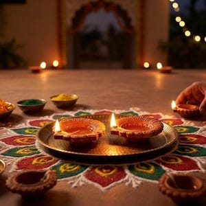 Pode incluir: Uma cena festiva com l&acirc;mpadas de barro acesas, ou diyas, dispostas em um design rangoli colorido. Tigelas de especiarias e flores cercam as l&acirc;mpadas, com uma m&atilde;o colocando uma diya acesa. A ilumina&ccedil;&atilde;o quente cria uma atmosfera festiva.