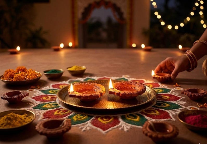 Pode incluir: Uma cena festiva com l&acirc;mpadas de barro acesas, ou diyas, dispostas em um design rangoli colorido. Tigelas de especiarias e flores cercam as l&acirc;mpadas, com uma m&atilde;o colocando uma diya acesa. A ilumina&ccedil;&atilde;o quente cria uma atmosfera festiva.