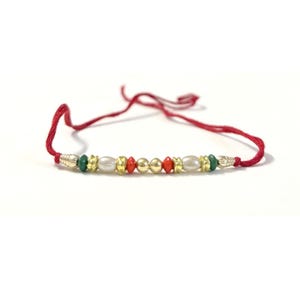 Red Organic Cotton Thread Beaded Rakhi Bracelet & Tika Pack, Yoga String Kalava Wrist Tie