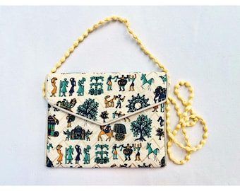 Warli Art Block Printed Fabric Crossbody Bag, Handloom Khadi Silk Lined Pure Cotton Purse