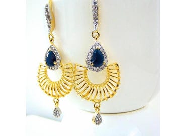 Navy Blue Themed CZ Earrings Brass Cubic Zirconia Dangles, Golden American Diamond Kolkata Jewelry