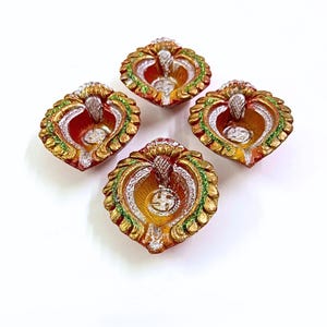 Golden Hindu Swastika Diya Terracotta Candle Holder, Silver Clay Pottery Puja Bowl, Diwali Gift