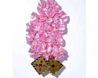 Pink Satin 14 Flowers Wall or Door Hanging with Golden Wooden Mirror Work Clapper