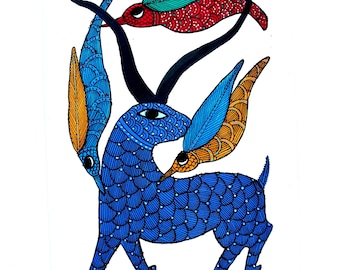 Oryx and Birds Gond Painting Original | Forest Scene Theme Colorful Gond Painting Acrylic | Gond Painting of Madhya Pradesh in Central India