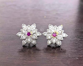 Pink Centre CZ Stud Earrings Brass Cubic Zirconia, Handmade Golden American Diamond Kolkata Jewelry