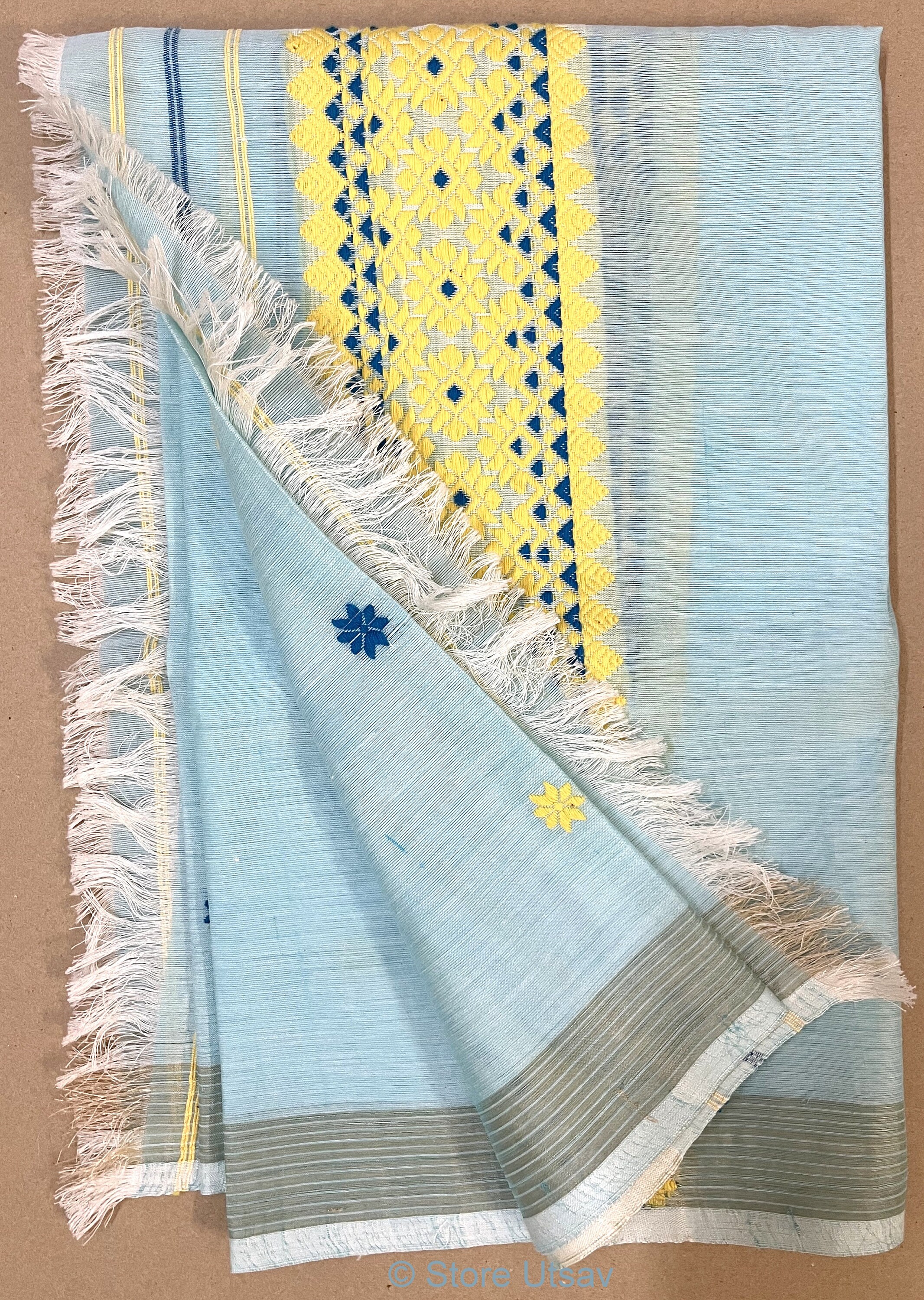 Green - Assam Weave Handloom Cotton Thread Buti Dupatta with Tassels