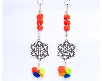Olive Brown Wooden Floral Wall Hangings with Mirror Work & Colorful Pom-Pom and Bead Lines
