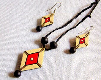 Clay Choker Necklace Earrings Set Rhombus Shape with Cream, Maroon, Golden, & Black Colors, Terracotta Jewelry Craft of West Bengal, India