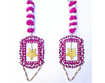 Magenta Pink Wooden Ornate Wall Hangings with Mirror Work, Star, Pom-Pom, & Bead Lines