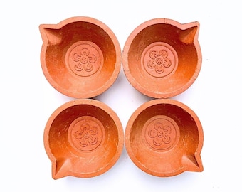 Floral Terracotta Diya Unpainted Earthen Red Primer Candle Holder, Festive Decor Diwali Gift Housewarming