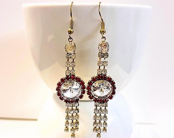8.5cm Red Chandelier Earrings with Glass Crystal Beads on Gold Toned Metal Frame Jewelry