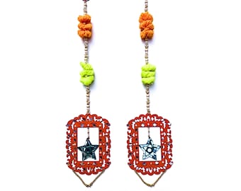 Orange Wooden Ornate Wall Hangings with Mirror Work, Star, Pom-Pom, and Bead Lines