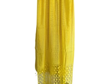 Yellow Pure Cotton Silk Scarf Handloom, Geometric Motif Border, Bhagalpuri Dupatta 97.5" Extra Long