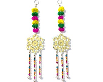 Yellow Wooden Floral Wall Hangings with Mirror Work & Colorful Pom-Pom and Bead Lines