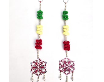 Red Wooden Floral Wall Hangings Decor with Mirror Work & Colorful Pom-Pom and Bead Lines