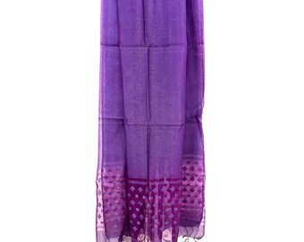 Purple Pure Cotton Silk Handloom Dupatta Striped, Geometrical Motif on Borders, Bhagalpuri Weave Wrap