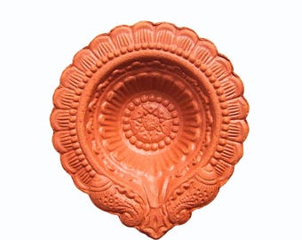 Floral Diya Round Clay Pot, Unpainted Earthen Red Primer Candle Holder, Terracotta Festive Decor