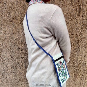 Madhubani Painted Fabric Bag Crossbody Small Blue, Upcycled Cotton Pouch, Indian Mithila Folk Painting image 10
