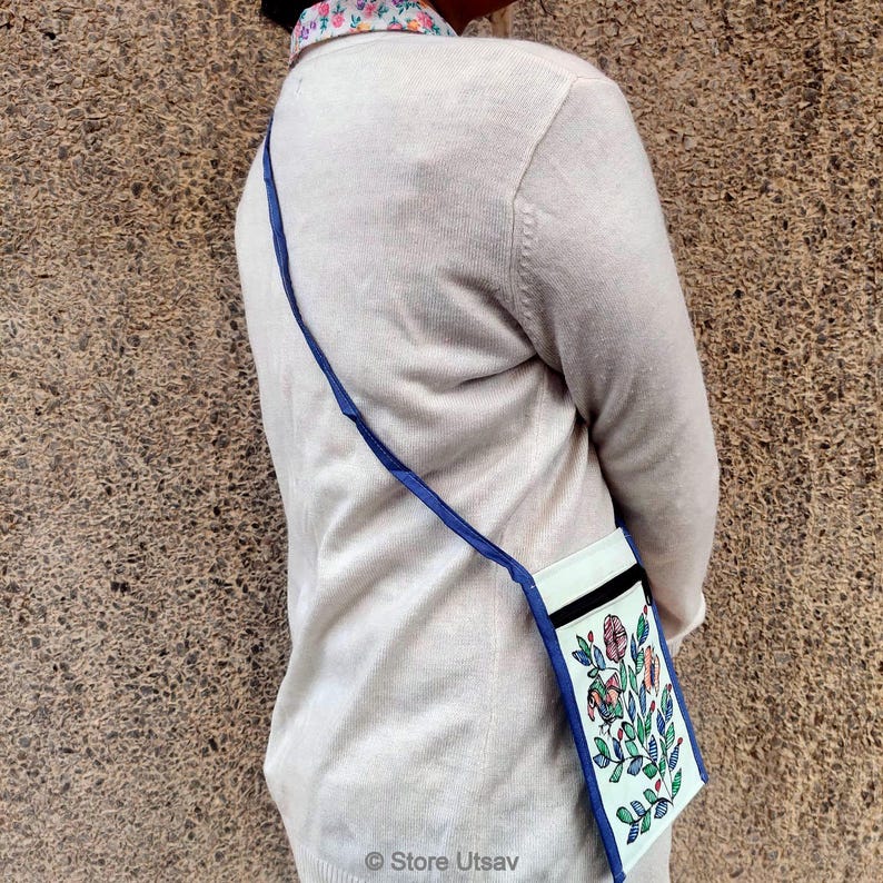 Madhubani Painted Fabric Bag Crossbody Small Blue, Upcycled Cotton Pouch, Indian Mithila Folk Painting image 10