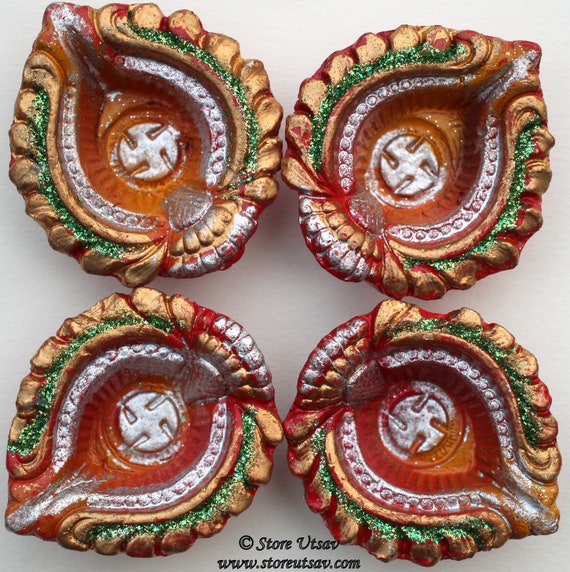 Silver Diya Terracotta Set of 4 Handmade Tealight Holder Swastika Center Red Golden Home Decor Diwali Wedding Decor housewarming gift puja