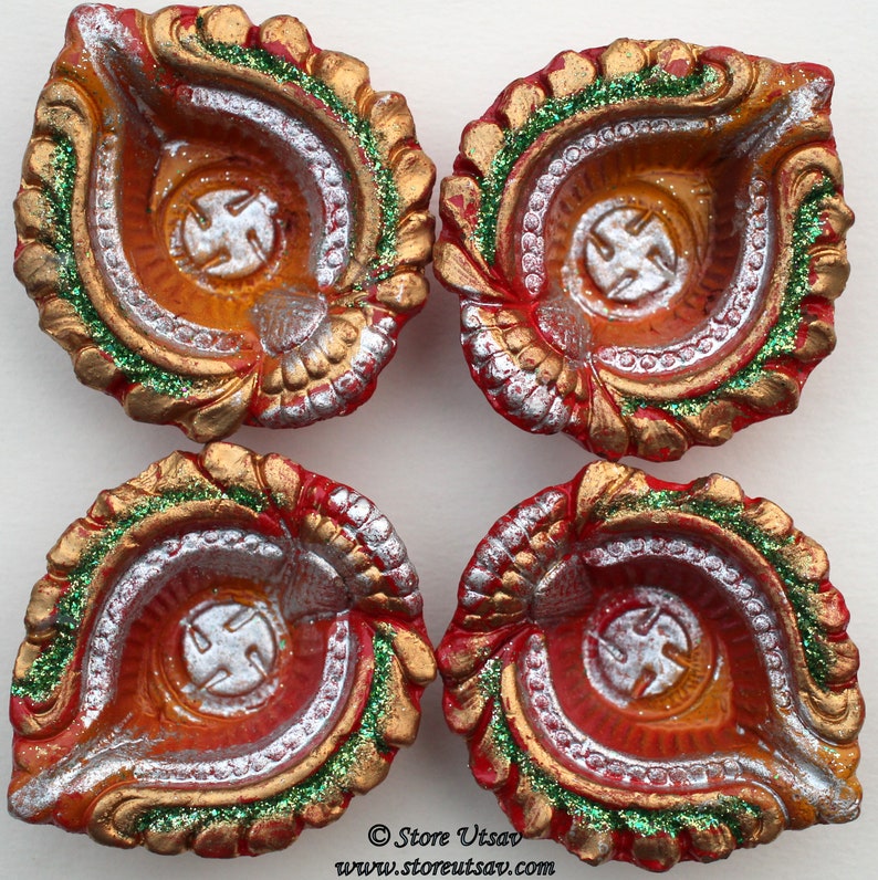 Silver Diya Terracotta Set of 4 Handmade Tealight Holder Swastika Center Red Golden Home Decor Diwali Wedding Decor housewarming gift puja