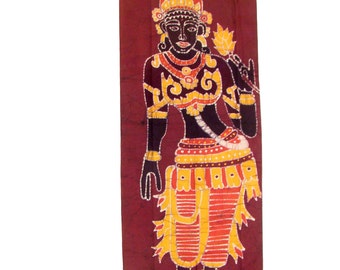 Original Painting Batik of Hindu Goddess Lakshmi Holding Lotus in Her Right Hand | Indian Batik Painting of Andhra Pradesh in South India