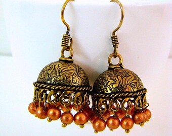 Oxidized Copper Earring Jhumka with Copper Colored Beads Lining, Gold Toned Handmade Indian Jewelry