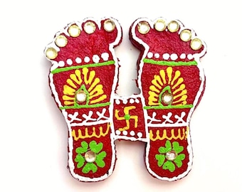 Gir Cow Dung Maroon Lakshmi Charan Mural Sticker with Hindu Swastika Design, Eco-friendly Craft