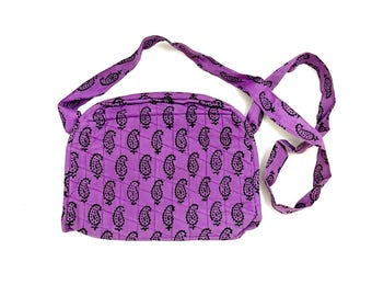 Purple Natural Cotton Crossbody Bag Hand Block Printed in Bagh Paisley, 4-Pockets Quilted Purse