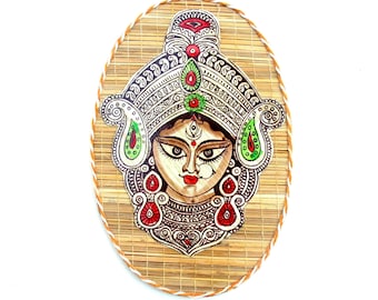 Hindu Goddess Durga Maa Face Painting on Bamboo Paper with Cane Mesh Base Frame, Wall Decor Door, Bamboo Paper Painting of Tripura in India
