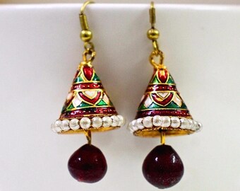 Maroon Meenakari Copper Jhumka Earrings, Handmade Gold Toned Enamel Jhumki, Indian Boho Dangle Gift