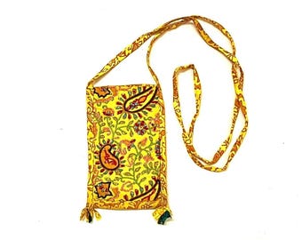 Yellow Paisley Embroidered Fabric Bag Crossbody, Small Upcycled Cotton Sling Pouch Boho Indian Gift
