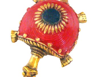 Red Brass Turtle Figurine Handmade 4.13", Tortoise Statue Animal Sculpture, Bronze Decor, Dhokra Art from Chattisgarh in Central India, Gift