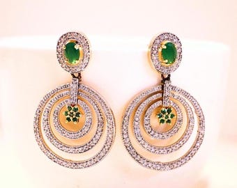 Green Themed Hoop CZ Earrings, Golden Brass Cubic Zirconia Dangles, Kolkata American Diamond Jewelry