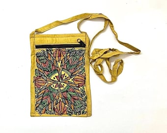 Madhubani Art Fabric Bag Crossbody, Upcycled Cotton Silk Fish Design Pouch, Indian Mithila Painting