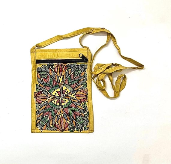 Madhubani Art Fabric Bag Crossbody, Upcycled Cotton Silk Fish Design Pouch, Indian Mithila Painting