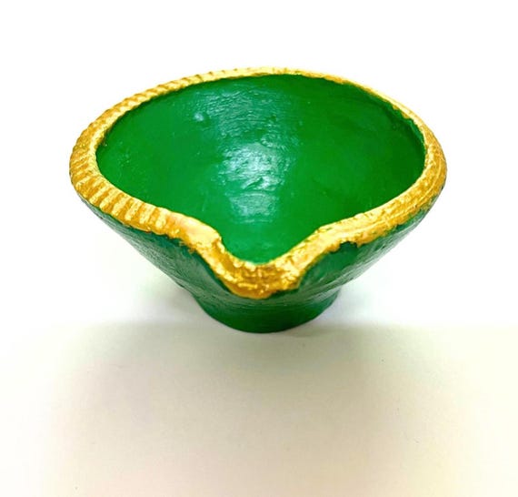Green Terracotta Diya Candle Holder, Golden Rim, Indian Clay Pottery Decor, Diwali Gift Housewarming