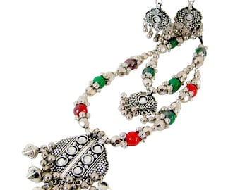 Kite Pendant Gypsy Double Loop Choker Necklace Earrings Set Boho, Oxidized Metal Alloy Jewelry Set from Gujarat in West India, Gift for Her