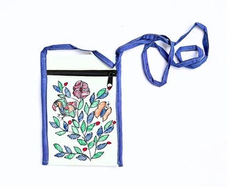 Madhubani Painted Fabric Bag Crossbody Small Blue, Upcycled Cotton Pouch, Indian Mithila Folk Painting
