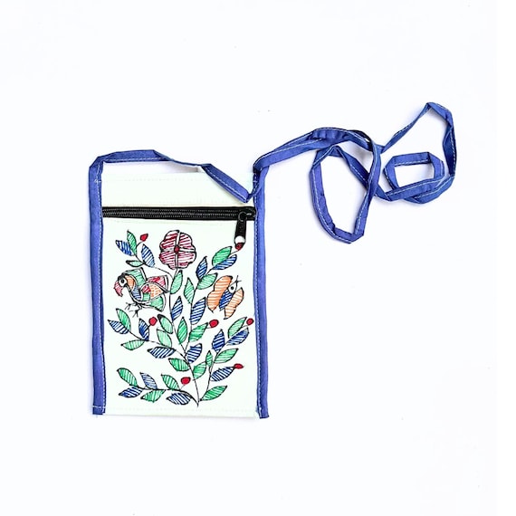 Madhubani Painted Fabric Bag Crossbody Small Blue, Sustainable Upcycled Cotton Pouch, Indian Mithila Painting