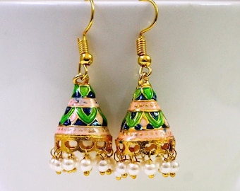 Pink Meenakari Copper Earrings Jhumka with Green Blue Floral Enamel Work, Golden Ethnic Jewelry