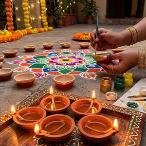 May include: A colorful rangoli design with clay oil lamps, or diyas, and marigold garlands. The image shows a person painting a diya with gold paint. The scene is set outdoors, with a focus on the festive decorations.