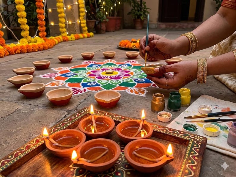 May include: A colorful rangoli design with clay oil lamps, or diyas, and marigold garlands. The image shows a person painting a diya with gold paint. The scene is set outdoors, with a focus on the festive decorations.