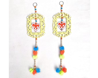 Yellow Wooden Rectangular Ornate Wall Hangings with Mirror Work, Star, Pom-Pom, & Bead Lines