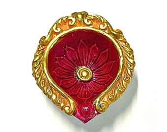 Alankar Diya Red Clay Candle Holder, Orange and Gold Floral Carved Terracotta Decorative Bowl