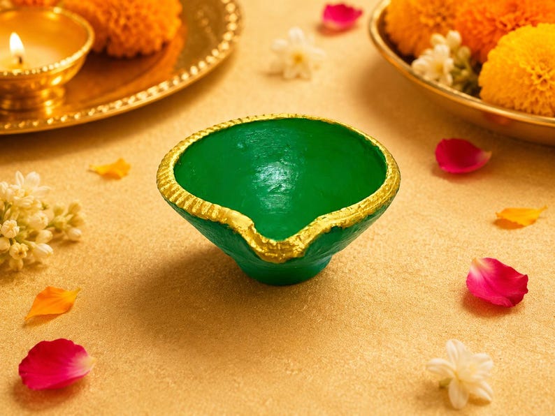 May include: A small, bowl-shaped oil lamp, known as a diya, featuring a vibrant green interior and exterior. The rim of the lamp is decorated with a textured, metallic gold painted edge, providing a distinct contrast to the smooth green finish.