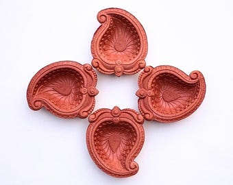 Paisley Terracotta Clay Diya, Unpainted Earthen Red Primer Candle Holder, Indian Pottery Craft Gift