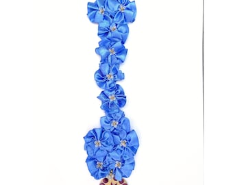 Blue Satin 11 Flowers Wall or Door Hanging with Golden Wooden Mirror Work Clapper