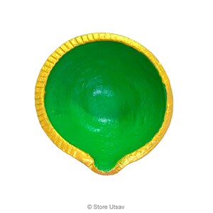 Green Terracotta Diya Candle Holder, Golden Rim, Indian Clay Pottery Decor, Diwali Gift Housewarming image 10